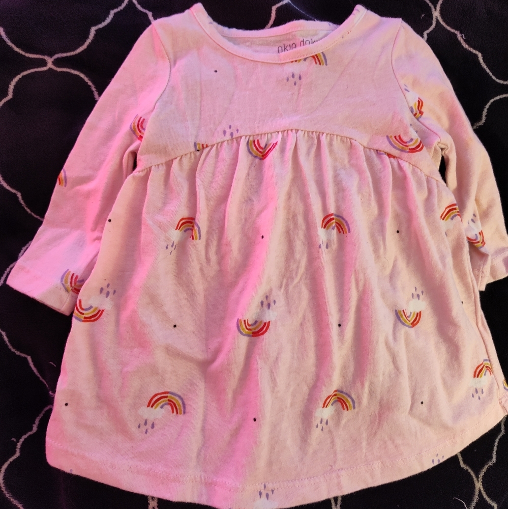 Okie Dokie Pink Long Sleeve Baby Dress with Rainbow Design
